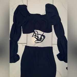 shein dark blue matching top and skirt set
